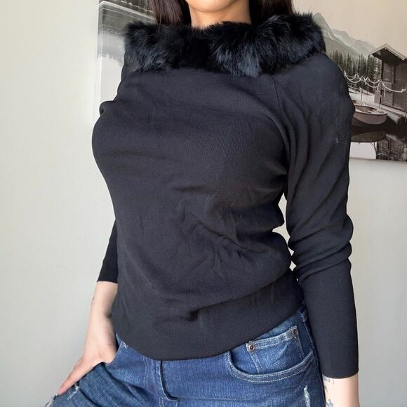 Black whimsigoth fur collar sweater top - Picture 1 of 5